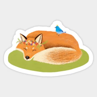 Two good friends in the forest_a fox and a bluebird Sticker